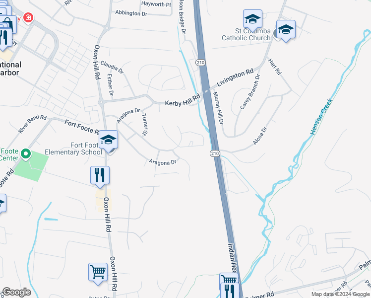 map of restaurants, bars, coffee shops, grocery stores, and more near 8307 Founders Woods Way in Fort Washington