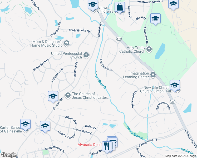 map of restaurants, bars, coffee shops, grocery stores, and more near 13970 Dancing Twig Drive in Gainesville
