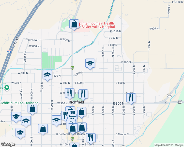 map of restaurants, bars, coffee shops, grocery stores, and more near 244 East 600 North in Richfield