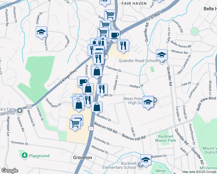 map of restaurants, bars, coffee shops, grocery stores, and more near 6437 Richmond Highway in Alexandria