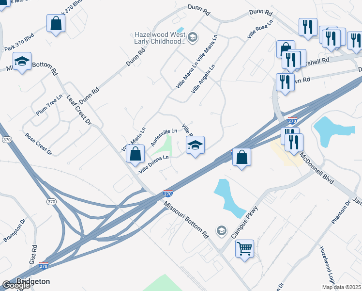 map of restaurants, bars, coffee shops, grocery stores, and more near 11 Ville Donna Court in Hazelwood