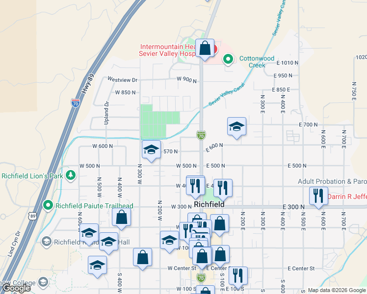 map of restaurants, bars, coffee shops, grocery stores, and more near 610 100 West in Richfield