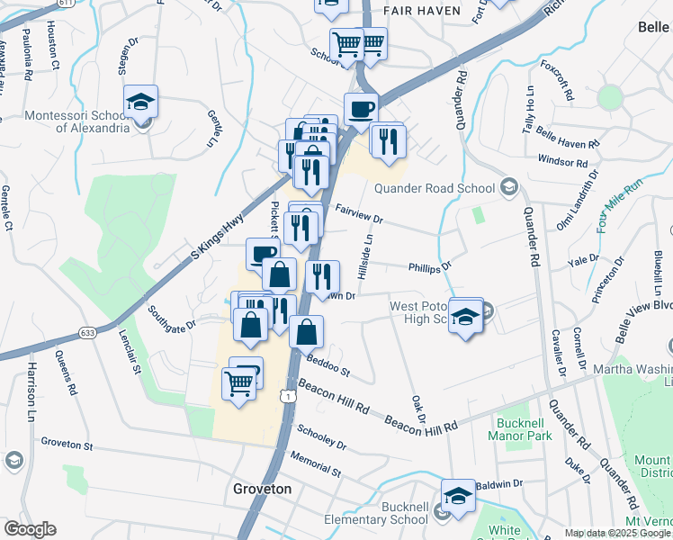 map of restaurants, bars, coffee shops, grocery stores, and more near 6435 Richmond Highway in Alexandria