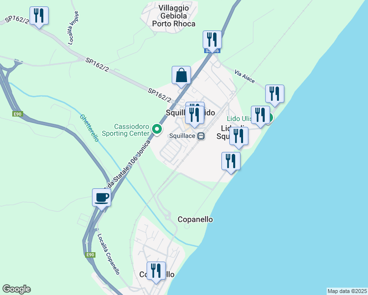 map of restaurants, bars, coffee shops, grocery stores, and more near 491 Via delle Rose in Squillace Lido