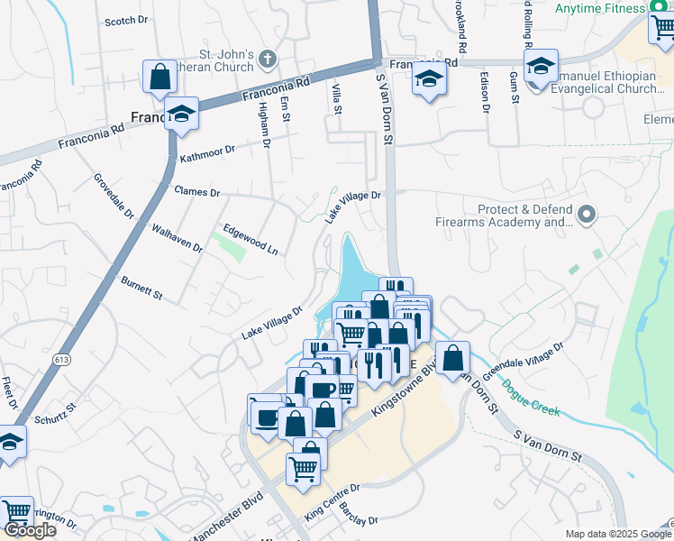 map of restaurants, bars, coffee shops, grocery stores, and more near 6545 Grange Lane in Alexandria