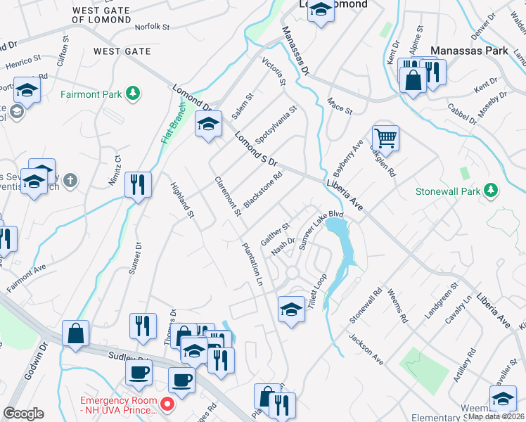 map of restaurants, bars, coffee shops, grocery stores, and more near 9422 Victoria Street in Manassas