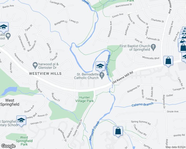 map of restaurants, bars, coffee shops, grocery stores, and more near 7668 Tiverton Drive in Springfield