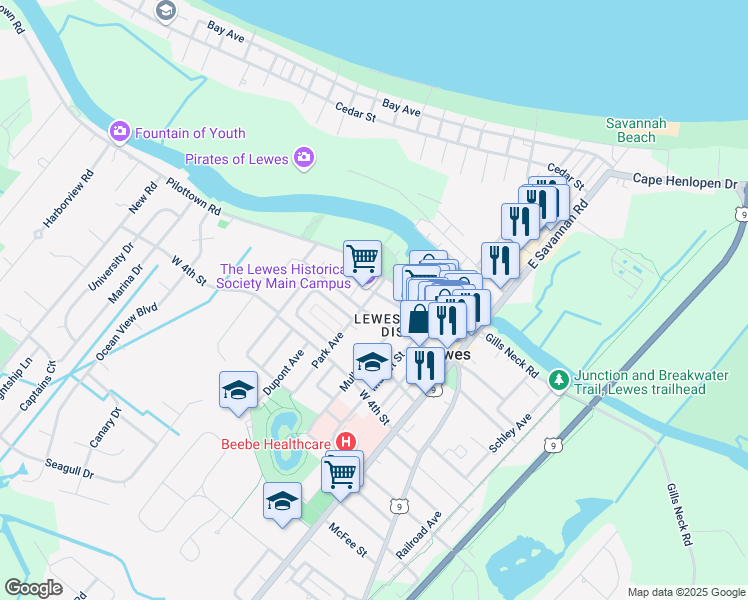map of restaurants, bars, coffee shops, grocery stores, and more near 242 2nd Street in Lewes