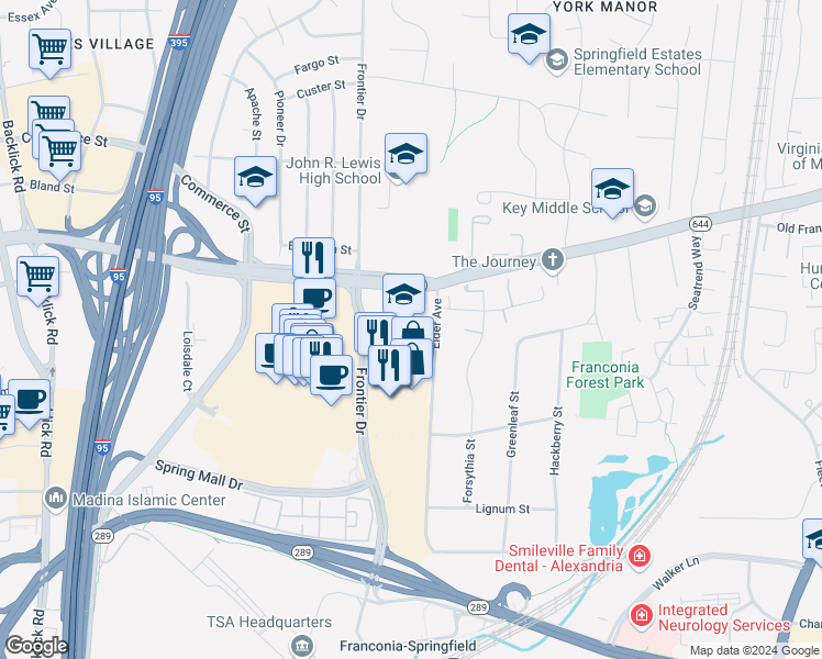 map of restaurants, bars, coffee shops, grocery stores, and more near 6530 Elder Avenue in Springfield