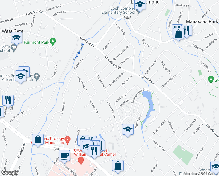 map of restaurants, bars, coffee shops, grocery stores, and more near 9427 Blackstone Road in Manassas