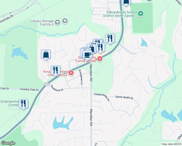 map of restaurants, bars, coffee shops, grocery stores, and more near 331 Meridian Road in Glen Carbon