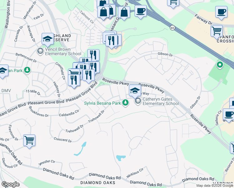 map of restaurants, bars, coffee shops, grocery stores, and more near 43 Treecrest Court in Roseville