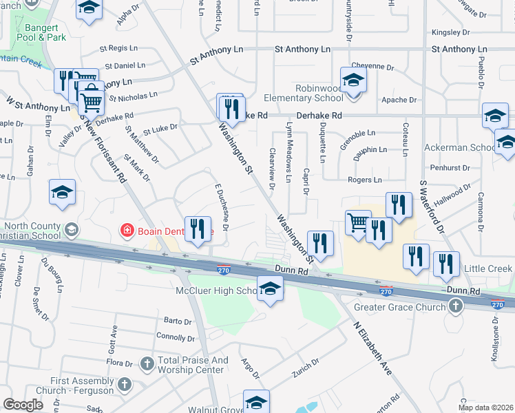 map of restaurants, bars, coffee shops, grocery stores, and more near 9 Saint James Court in Florissant