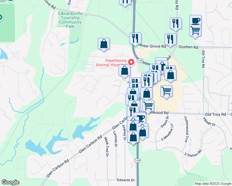 map of restaurants, bars, coffee shops, grocery stores, and more near 30 Cougar Drive in Glen Carbon