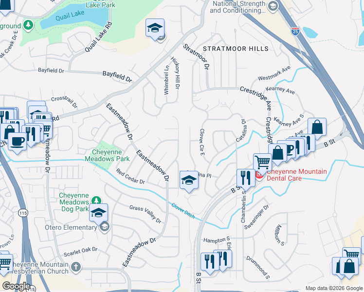 map of restaurants, bars, coffee shops, grocery stores, and more near 3825 Valley View Street in Colorado Springs