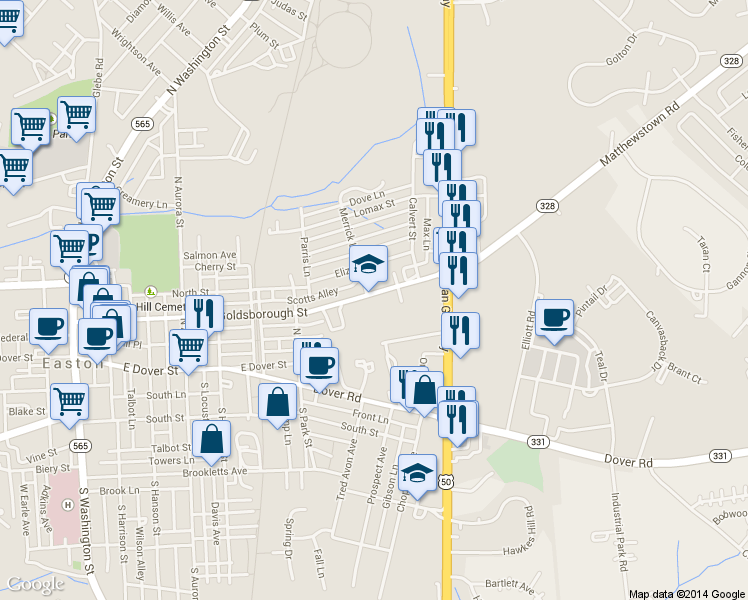 map of restaurants, bars, coffee shops, grocery stores, and more near 700 Goldsborough Street in Easton