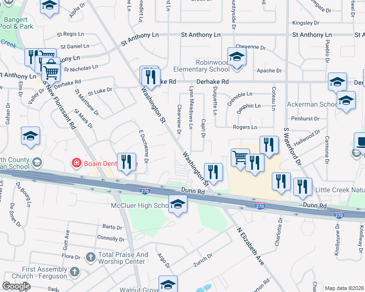 map of restaurants, bars, coffee shops, grocery stores, and more near 15 Lynn Meadows Lane in Florissant