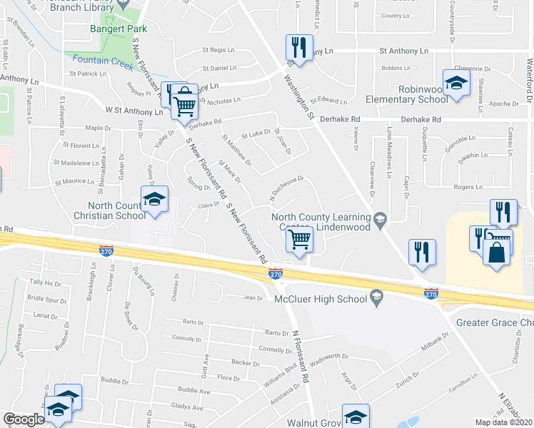 map of restaurants, bars, coffee shops, grocery stores, and more near 1415 West Duchesne Drive in Florissant