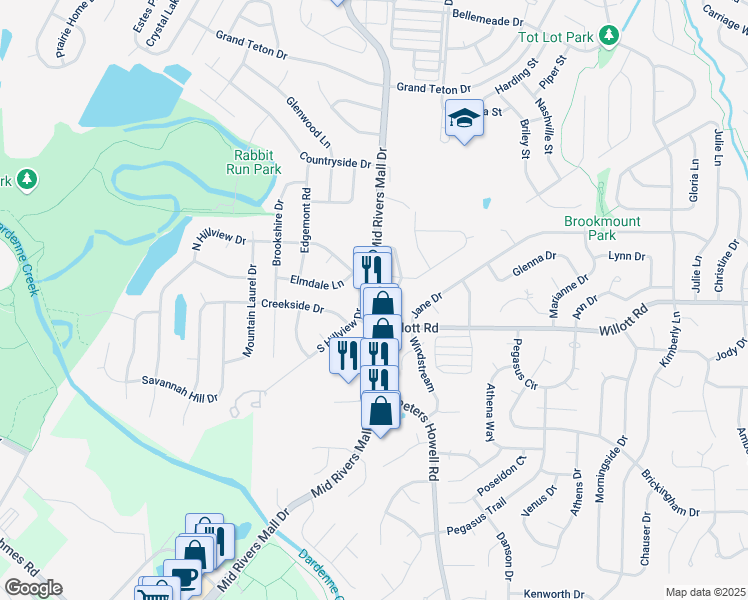 map of restaurants, bars, coffee shops, grocery stores, and more near 1 South Hillview Drive in St. Peters