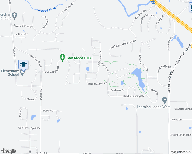 map of restaurants, bars, coffee shops, grocery stores, and more near 94 Song Sparrow Drive in Lake Saint Louis