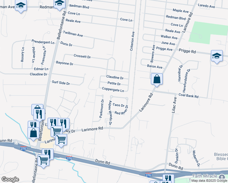 map of restaurants, bars, coffee shops, grocery stores, and more near 1328 Coppergate Lane in St. Louis