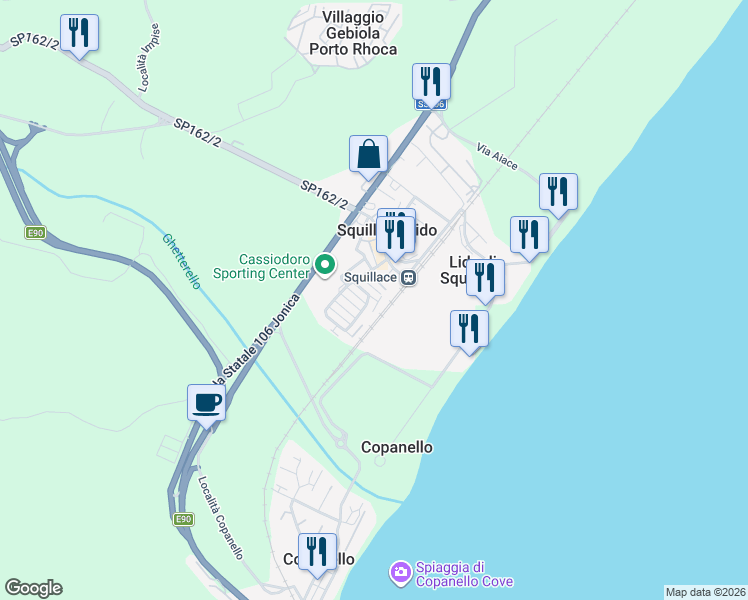 map of restaurants, bars, coffee shops, grocery stores, and more near 491 Via delle Rose in Squillace Lido