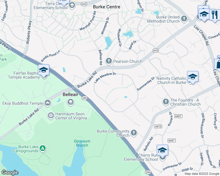 map of restaurants, bars, coffee shops, grocery stores, and more near 10103 Waterside Drive in Burke