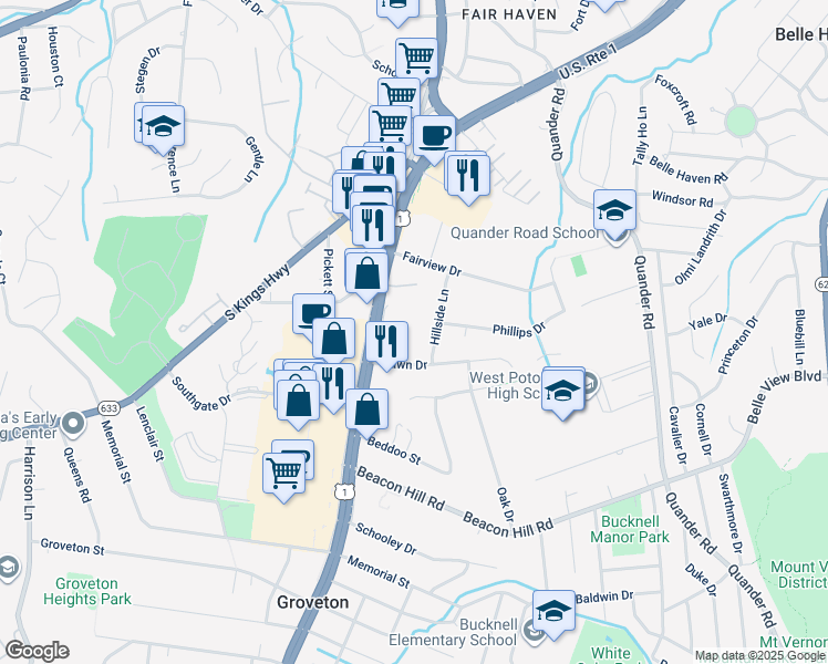 map of restaurants, bars, coffee shops, grocery stores, and more near 6437 Richmond Highway in Alexandria
