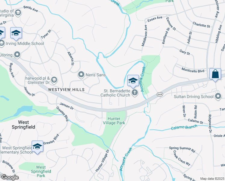 map of restaurants, bars, coffee shops, grocery stores, and more near 6515 Orono Court in West Springfield