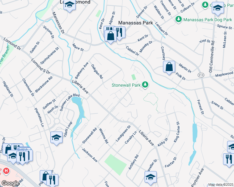 map of restaurants, bars, coffee shops, grocery stores, and more near 8365 Shady Grove Circle in Manassas