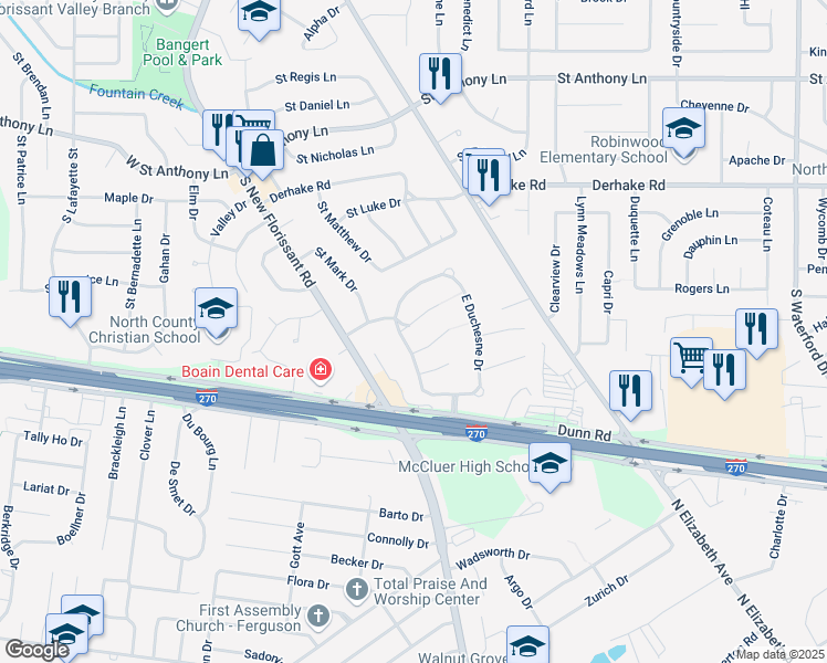 map of restaurants, bars, coffee shops, grocery stores, and more near 16 Saint Margaret Court in Florissant
