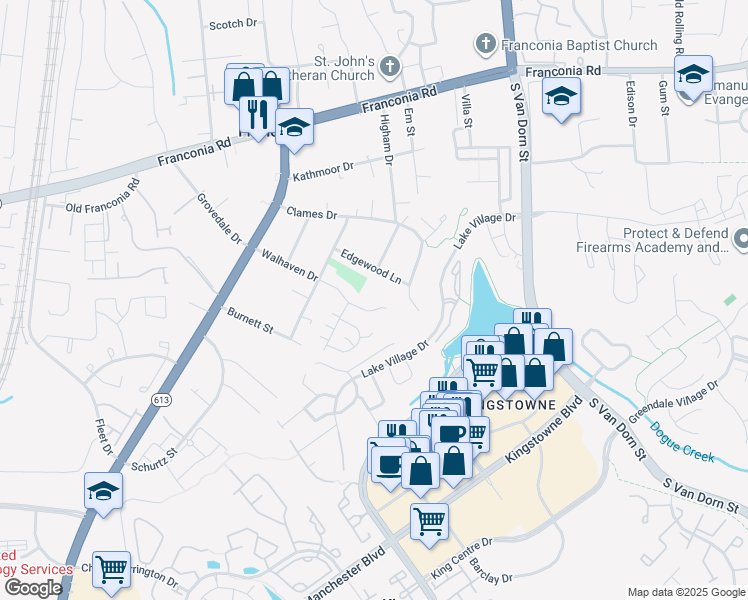 map of restaurants, bars, coffee shops, grocery stores, and more near 6000 Walhaven Drive in Alexandria