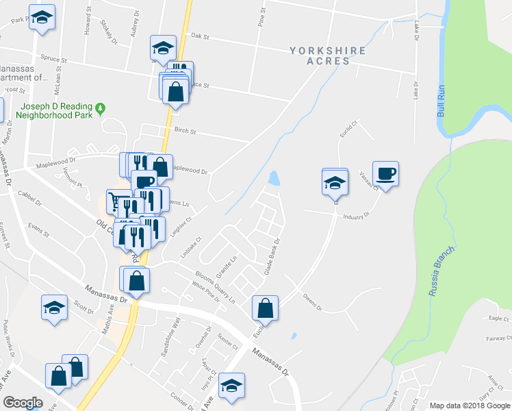 map of restaurants, bars, coffee shops, grocery stores, and more near 8223 Frog Hollow Ct in Manassas