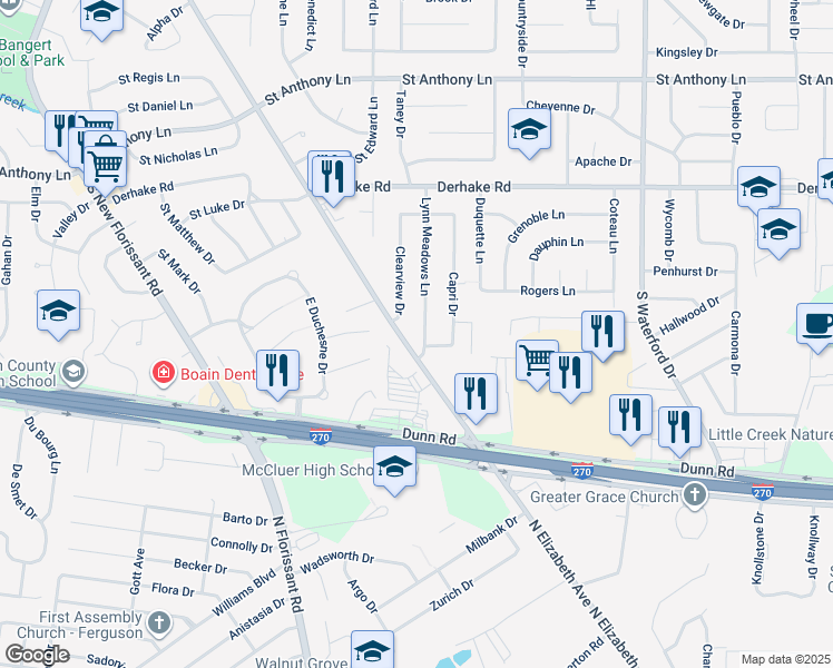map of restaurants, bars, coffee shops, grocery stores, and more near 15 Lynn Meadows Lane in Florissant