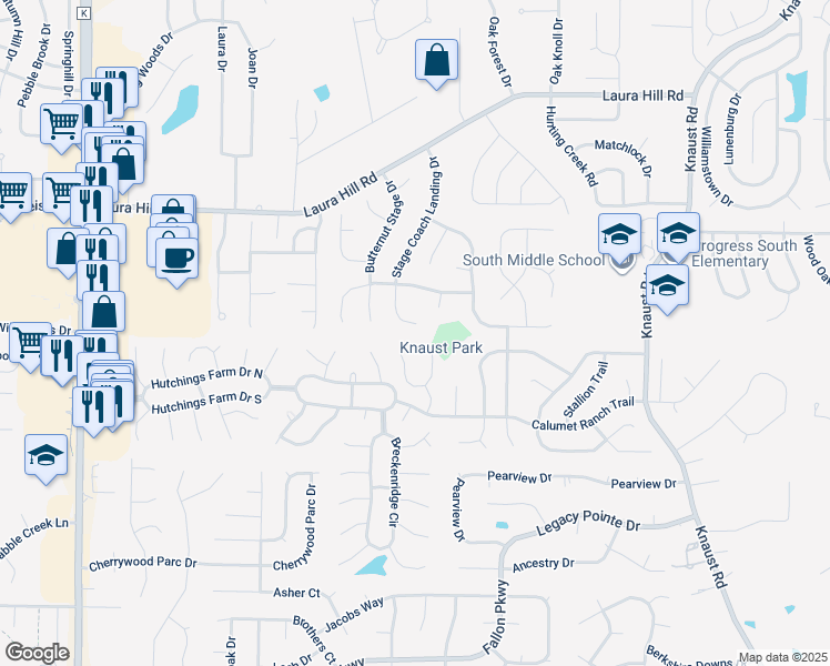 map of restaurants, bars, coffee shops, grocery stores, and more near 233 Stage Coach Landing Drive in St. Peters
