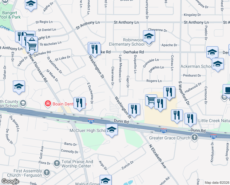 map of restaurants, bars, coffee shops, grocery stores, and more near 15 Lynn Meadows Lane in Florissant