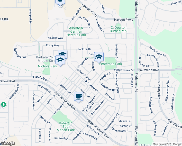 map of restaurants, bars, coffee shops, grocery stores, and more near 2032 Padside Drive in Roseville