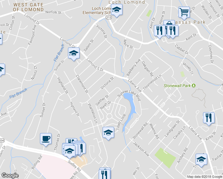 map of restaurants, bars, coffee shops, grocery stores, and more near 8325 Gaither Street in Manassas