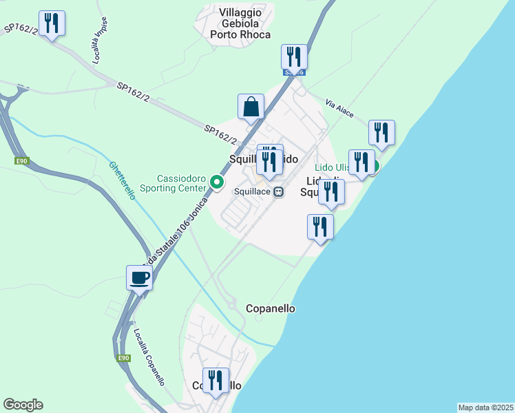 map of restaurants, bars, coffee shops, grocery stores, and more near 491 Via delle Rose in Squillace Lido