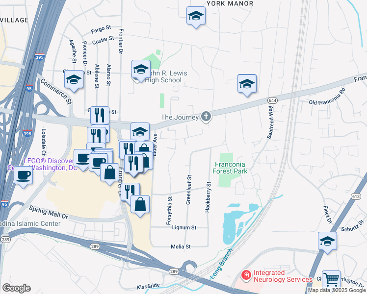 map of restaurants, bars, coffee shops, grocery stores, and more near 6511 Summerton Way in Springfield