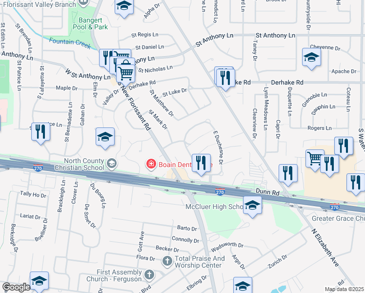 map of restaurants, bars, coffee shops, grocery stores, and more near 1415 West Duchesne Drive in Florissant