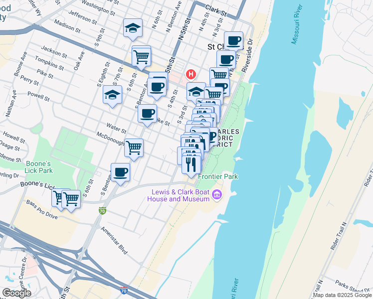 map of restaurants, bars, coffee shops, grocery stores, and more near 710 South 2nd Street in Saint Charles