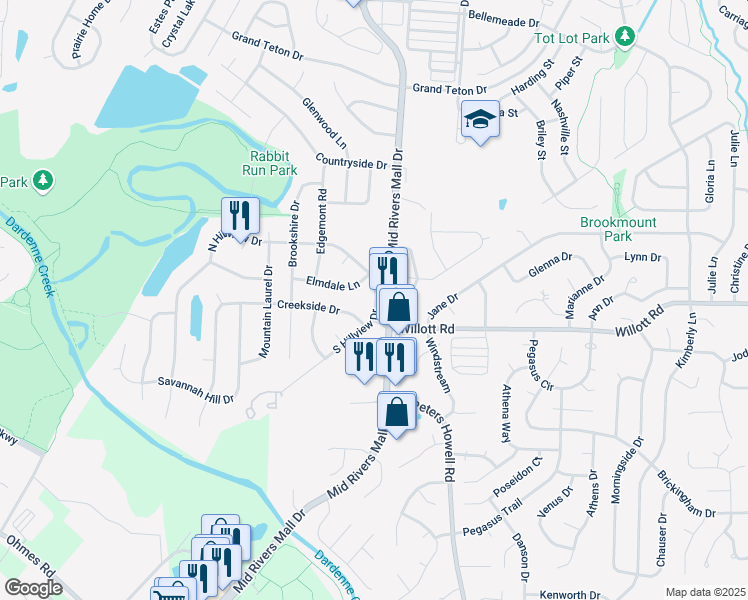 map of restaurants, bars, coffee shops, grocery stores, and more near 1 South Hillview Drive in St. Peters