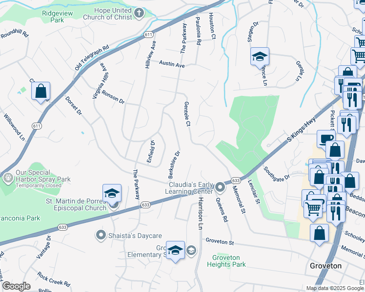 map of restaurants, bars, coffee shops, grocery stores, and more near 6505 Berkshire Drive in Alexandria