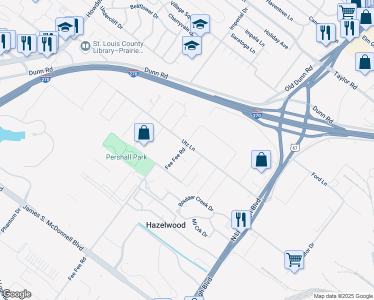 map of restaurants, bars, coffee shops, grocery stores, and more near 6130 Fee Fee Road in Hazelwood