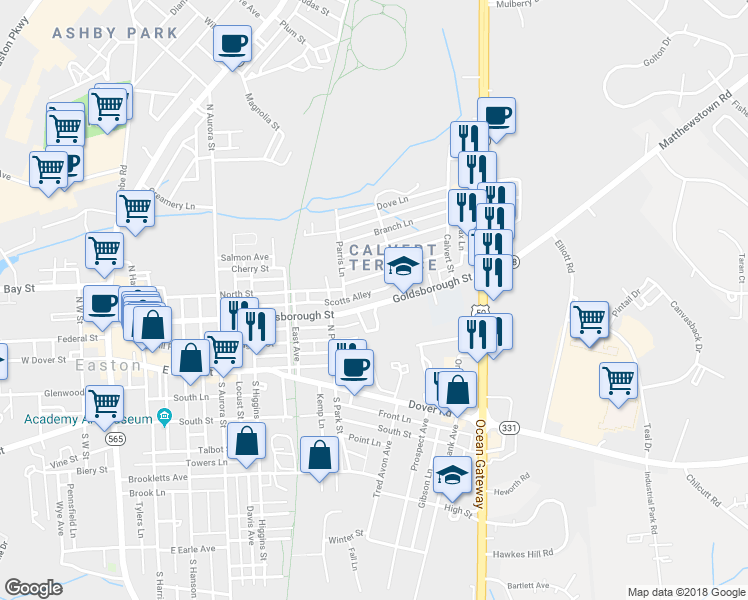 map of restaurants, bars, coffee shops, grocery stores, and more near 629 Goldsborough Street in Easton