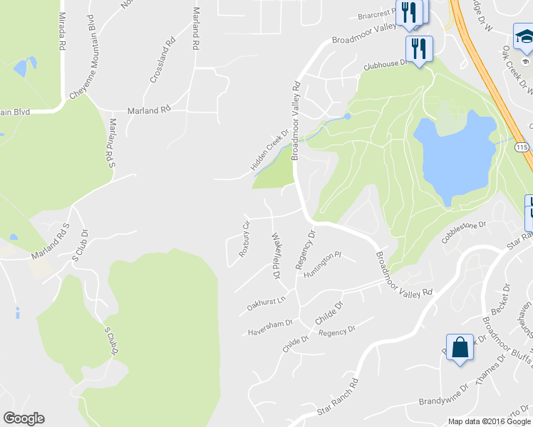 map of restaurants, bars, coffee shops, grocery stores, and more near 3870 Wakefield Drive in Colorado Springs