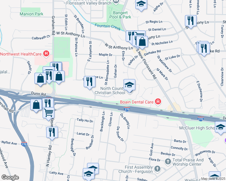 map of restaurants, bars, coffee shops, grocery stores, and more near 1425 Gahan Drive in Florissant