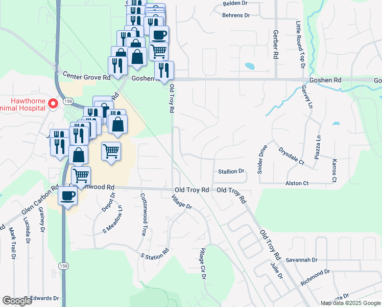 map of restaurants, bars, coffee shops, grocery stores, and more near 6821 Stoney Creek Drive in Edwardsville