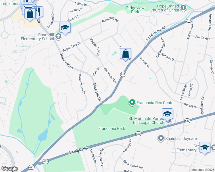 map of restaurants, bars, coffee shops, grocery stores, and more near 6510 Rock A By Road in Alexandria